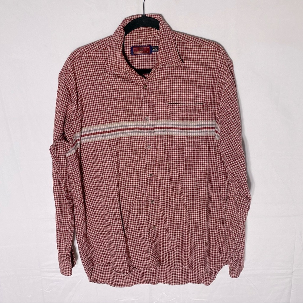 Vintage Higher State Red Cream Plaid Cotton Casual Long Sleeve Button Up Shirt M